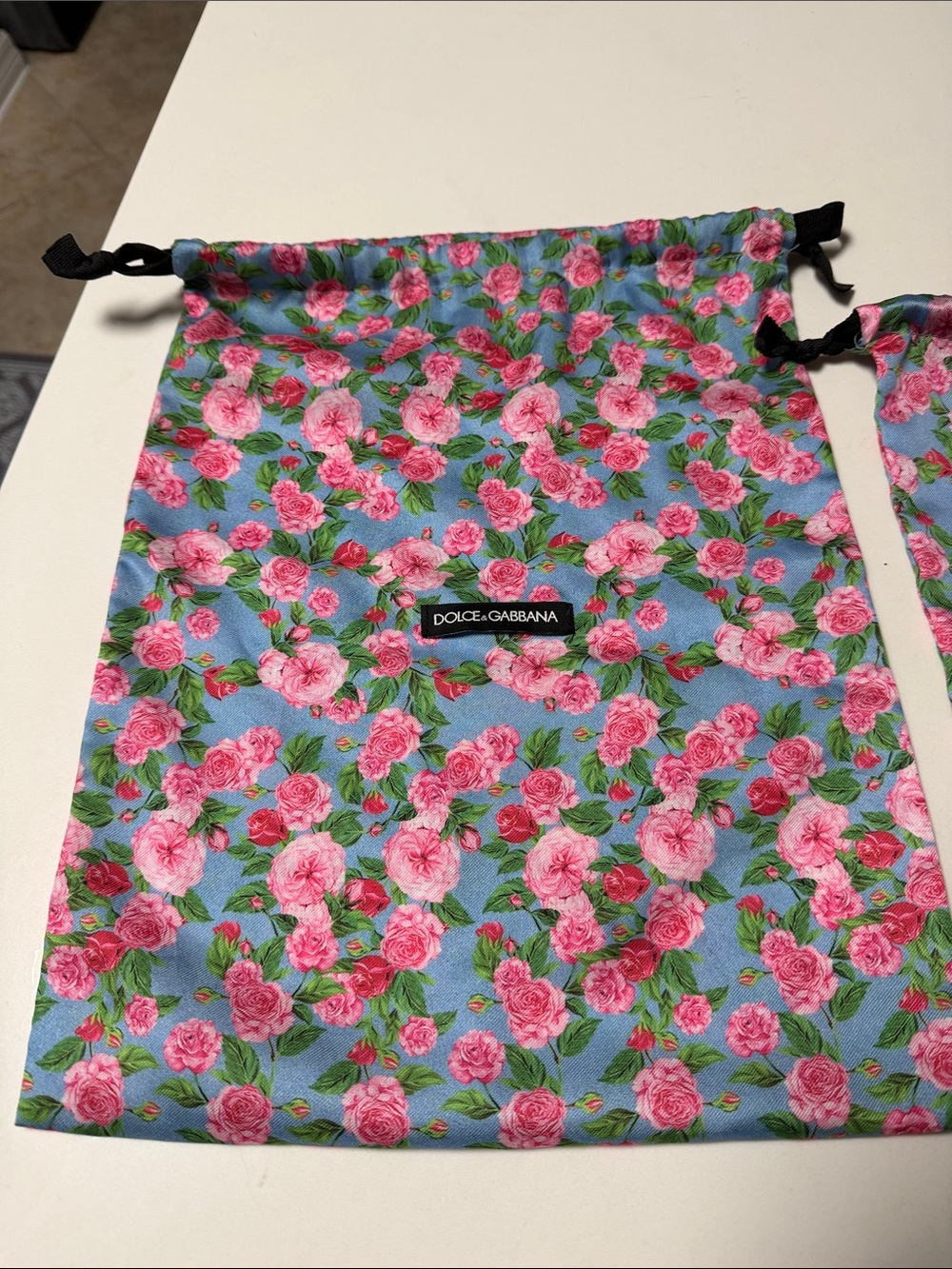 Dolce & Gabbana Blue Floral Drawstring Pouch with Pink Roses